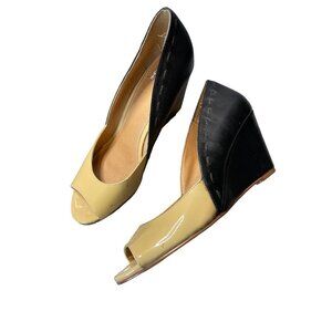 Kelsi Dagger Genelle Black Tan Peep Toe Wedge Heel Shoes Sz 5
